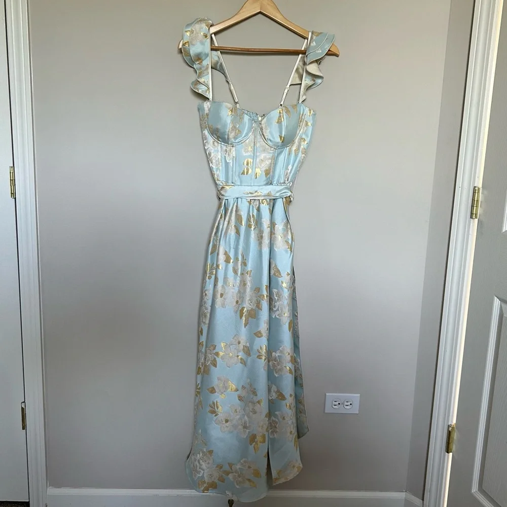 V. Chapman Sky Blue and Gold Floral Midi Dress - Picture 5 of 15